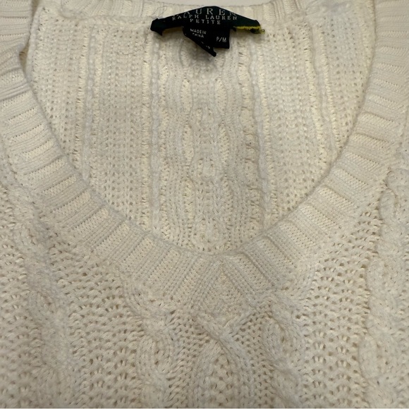 Lauren Ralph Lauren Women’s Cable Knit V-Neck Sweater White Cotton Sz PM - Picture 8 of 13